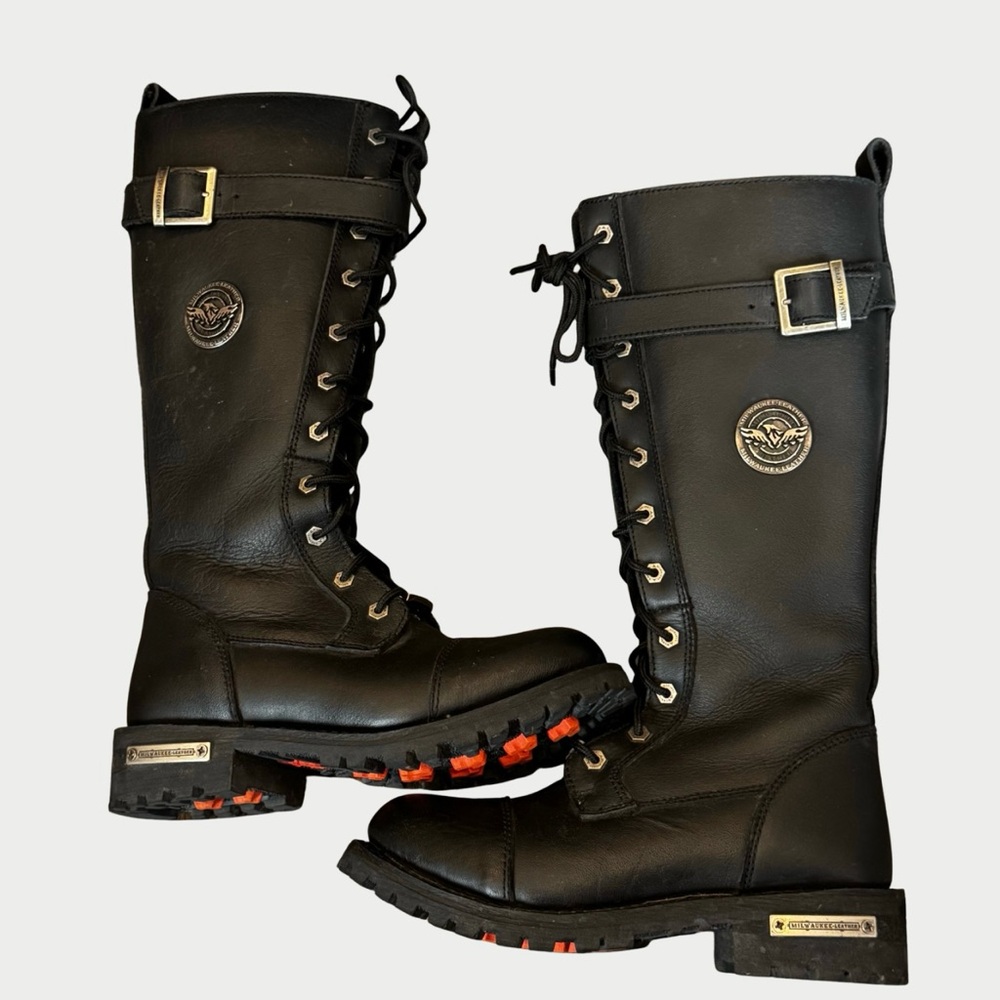 Milwaukee Leather Biker Boots Black 14” Lace-up MBL9355 Calf Buckle Side Zipper